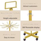 Retail Display Stand Store Display Rack 6 Tier Metal Spinning Display Stand Rack with Wheels Keychain Jewelry Stocking Hat Stand with Hooks for Malls, Showroom, Retail Store (6 Tier Gold) - color: 6 Tier Gold