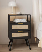 JOONEE Rattan Nightstand,Farmhouse Bedside Table with 2 Storage Drawer and Open Wood Shelf, for Bedroom and Small Spaces,Night Stand with Solid Wood Legs (Black) - color: Black
