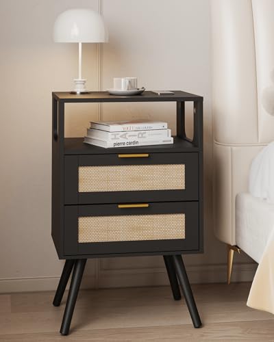 JOONEE Rattan Nightstand,Farmhouse Bedside Table with 2 Storage Drawer and Open Wood Shelf, for Bedroom and Small Spaces,Night Stand with Solid Wood Legs (Black) - color: Black