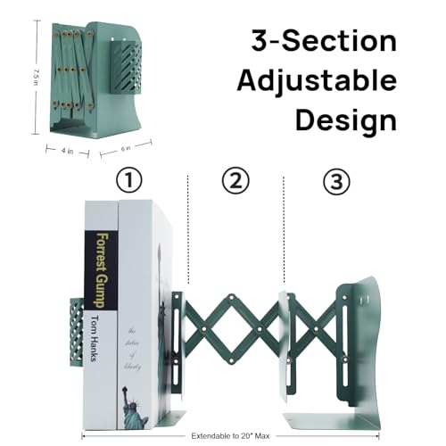 Adjustable Book Ends for Heavy Books, Metal Expandable Bookends for Shelves, Book Organizer Stopper Holder for Desk, Kids Room, Classroom, Office, Library (Green) - color: Green