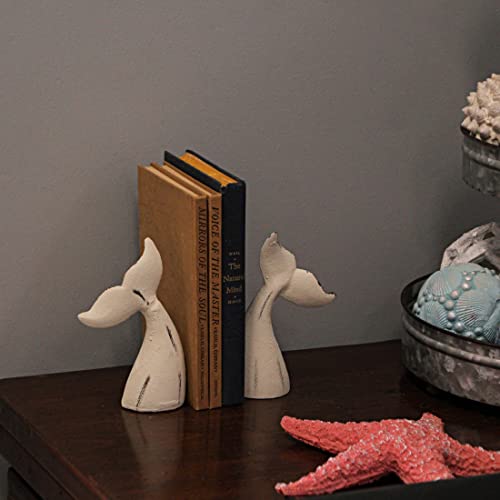 Set of 2 Nautical Cast Iron Decorative Book Ends for Home Decor, Coastal Themed Shelves, and Beach House - Rustic White Enamel Finish - Organize and Beautify Your Space - color: Whale Tail - White