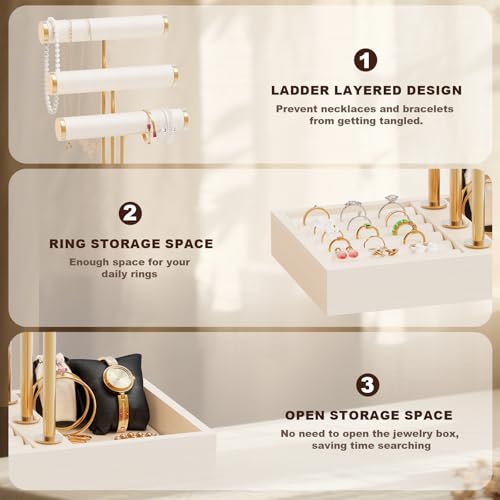 Abiglifty 3 Tier Necklace Holder Display, Jewelry Organizer, Jewelry Stand, Bracelet Display, Necklace Organizer, Bracelet holder, Jewelry Display for Necklace, Watches, Rings, Beige - color: Beige