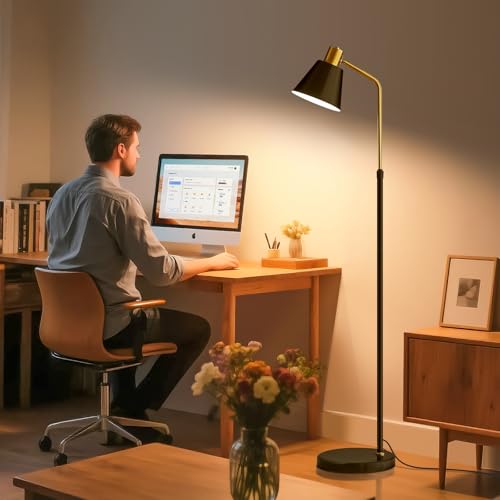 High-End Bright Reading Floor Lamp 12W Tri Color Bulb,Matte Black Iron Lampshade Adjustable,57"-65"Tall ,Weighted Base, Modern Industrial Retro Standing Desk Lamp for Living Room Bedroom Office Corner - color: Black