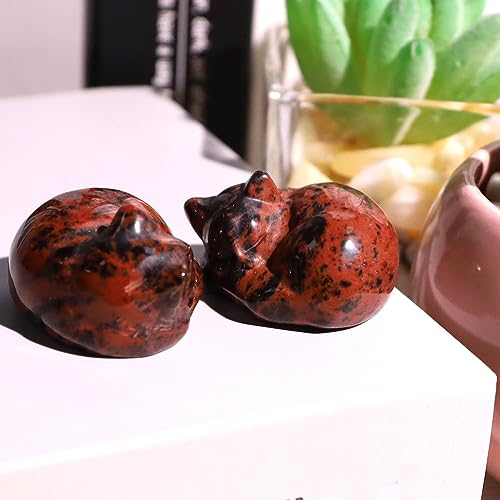 QINJIEJIE Red Obsidian Cat Crystals Decor Sleeping Cat Statue Healing Stone Decor Pocket Polished Gemstones Figurine Office Room Home Desk Decors Cute Gem Gifts for Women Men Stocking Stuffers - color: F-red-red Obsidian, size: 1.5 inches