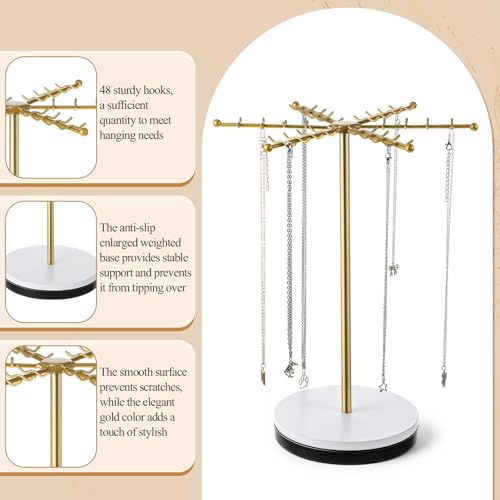 Rotating Necklace Holder Organizer with 48 Hooks, Gold Necklace Organizer, Metal Necklaces Tree Stand, Freestanding Necklaces Hanger, Rotatable Chain Display Carousels, for Earring Keychains Bracelet