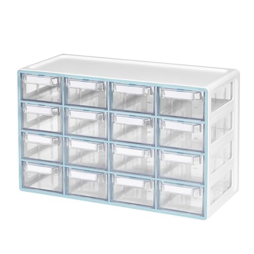Blue Ginkgo Medium 16-Drawer Cabinet – Stackable Clear Organizer for Hardware, Beads, Plastic Bricks, Office, and Craft Storage (Made in Korea, Blue) - color: BLUE, size: 16 Drawer