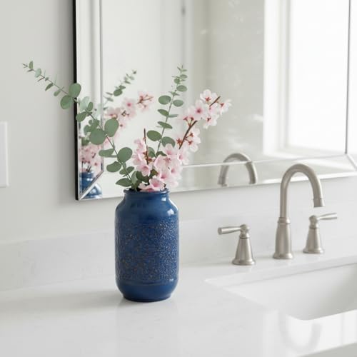 Blue Ceramic Vase for Home Decor, 9 Inch Modern Farmhouse Vase, Decorative Vases for Pampas Grass, Fireplace, Living Room, Bathroom, Tabletop, Kitchen, Office, Farmhouse Decor - color: Rustic Blue