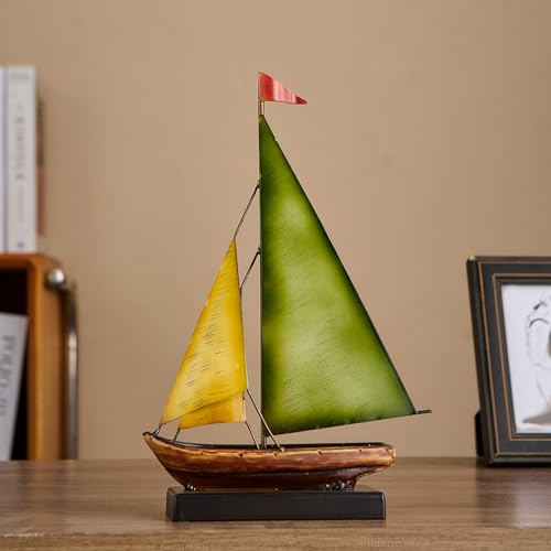 Vintage Sailboat Statue Decor for Living Room, Metal Boat Sculptures Decorations for Dining Room Office, Nautical Home Décor Accents for Shelf Bookshelf Coffee Table TV Stand (Yellow and Green) - color: Yellow and Green