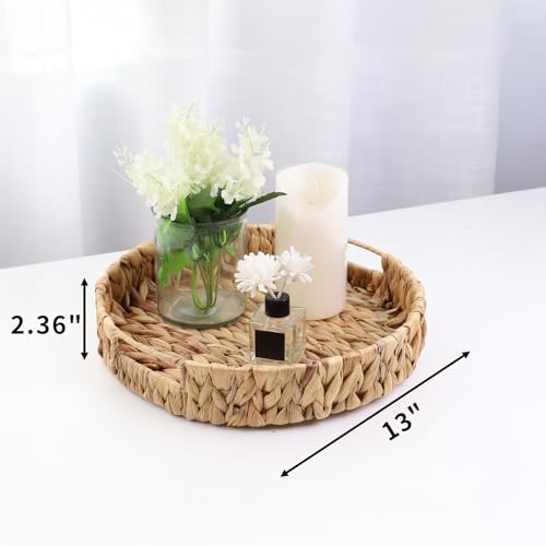YRMT Water Hyacinth Serving Tray Round Woven Tray with Handles Boho Decorative Tray for Breakfast, Coffee, Table, Dining 13" x 13" x 2.3"