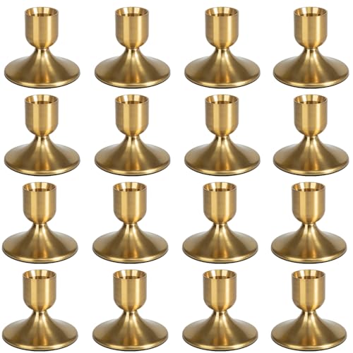 16Pcs Gold Candle Holders Metal Taper Candlesticks Holders Short Skinny Brass Candlestick Holders Candlestick Holders Bulk for Wedding Thanksgiving Centerpieces Christmas Birthday Party Holiday (16)