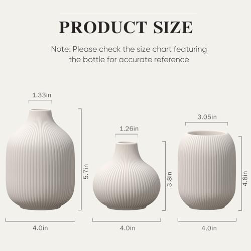 Small Matte White Ceramic Vases Set of 3, Modern Minimalist Ribbed Vases for Centerpiece, Home Office Shelf Decor, Farmhouse Kitchen Bathroom Bedroom Living Room Decor - color: Round White