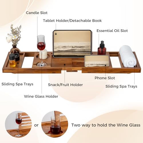 Teak Bathtub Tray - Luxury Bath Tray with Expandable Handles, Wine Glass and Phone Holders, Book Stand - Perfect for Home Spa Relaxation and Reading - Natural Bath Accessories - Light Walnut Color - color: Light Walnut-expandable