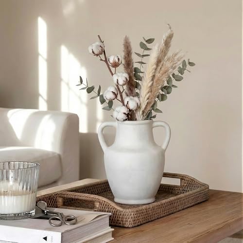 Ceramic Flower Vase with Handles, 8.66 inch Tall Ceramic Vase Farmhouse Rustic Vases Decorative Pottery Vases for Home Decor Living Room Bookshelf Table Centerpiece Desk Bathroom Fireplace, White - color: 8.66 in - White