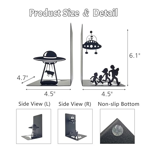 Alien Decor UFO Decor - Unique Bookends for Kids and Adults - Decorative Bookends for Shelves - Black Modern Bookends for Avid Readers - Fun Stylish Alien Gifts