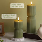 Olive Green Ribbed Flameless Pillar Candles with Remote, LED Candles Battery Operated Flickering Real Wax Set of 2 - color: Olive Green