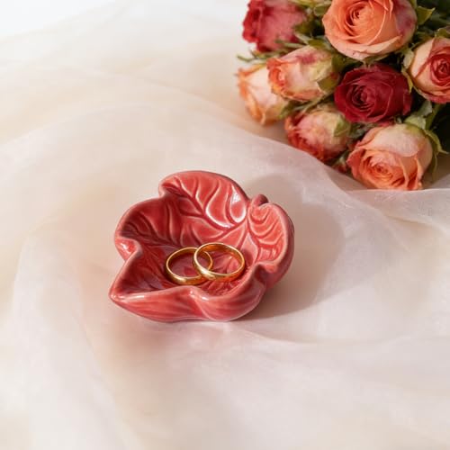 Jewelry Tray, Ceramic Leaves Jewelry Dish, Ring Holder Dish, Small Trinket Tray, Washable Key Bowl(Red) - color: Red
