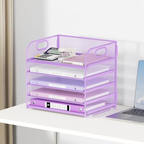 Lavatino Desk Letter Tray Paper Organizer, 5-Tier with Handle Metal Mesh Desktop File Organizer Paper Holder for Classroom Office Desk Accessories- Purple - color: 5 Tier - Purple, size: 12.6" x 9.1" x 11.5"