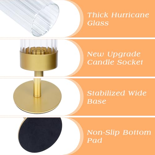 Ninonly Hurricane Candle Holders Set of 3, Tall Brass Candlestick Holders Metal Glass Candle Stands for Wedding Christmas Party Home Table Centerpiece Decorations