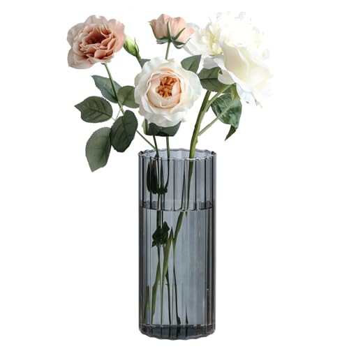 ComSaf Glass Cylinder Vases, Bud Vase for Centerpieces, 8 Inch Tall Ribbed Vase Hurricane Floating Candle Holder, Decorative Flower Vases for Wedding Reception, Home Decor, Housewarming Gift (Grey) - color: Gray
