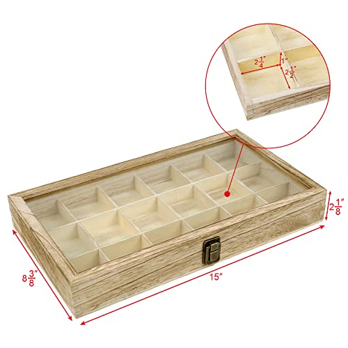Mooca Wooden Display Storage Case with Tempered Glass Lid for Jewelry and Beads with 18 Compartments Tray, Oak Color, 15" W x 8 3/4" D x 2" H - color: Oak
