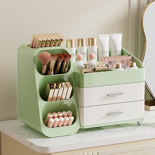 Booklov Makeup Organizer for Vanity, Large Capacity Cosmetic Display Case with Drawers, Countertop Beauty Storage Holder for Skincare, Brush Eyeliner Eyeshadow Lipsticks, Counter Desk, Cream Green - color: Green & Cream, size: L01