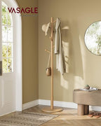 VASAGLE Solid Wood Coat Rack, Free Standing Hall Coat Tree with 7 Hooks, 3 Height Options, for Coats, Hats, Bags, Purses, for Entryway, Hallway, Rubberwood Hooks and Pole, Natural Beige URCR007N01 - color: Natural Beige, style: Round Base + Spherical Hook