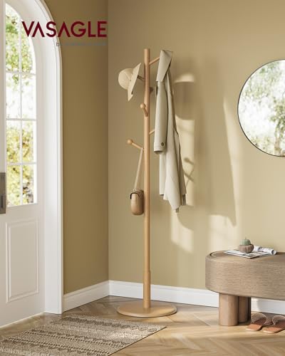 VASAGLE Solid Wood Coat Rack, Free Standing Hall Coat Tree with 7 Hooks, 3 Height Options, for Coats, Hats, Bags, Purses, for Entryway, Hallway, Rubberwood Hooks and Pole, Natural Beige URCR007N01 - color: Natural Beige, style: Round Base + Spherical Hook