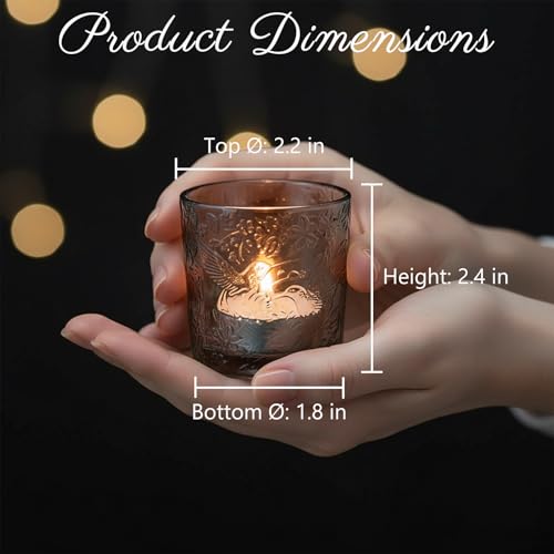 12 Pack Hummingbird Embossed Glass Candle Holders – Votive Tealight Holders with Patent Design, Decorative Embossed Glass Cups for Wedding Centerpieces, Parties, and Home Décor (Smoky Quartz) - color: Smoky Quartz