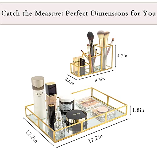 Gold Metal Frame and Glass Vanity Tray Set, Large Decorative Platform for Perfumes, Makeup Brushes, Jewelry Display, Office Stationery Holder, Sophisticated Design, 12.2x8.5x2.2 in - style: Tray-Holder