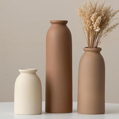 10.4 inches Tall Decorative Ceramic Vase Set, 3 Pieces, Nordic Modern Boho Style, White, Modern Farmhouse for Home Decor (Coffee Mix) - color: Coffee Mix