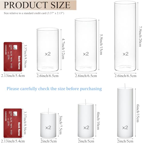 Set of 6 White Pillar Candles with Clear Glass Hurricane Holders- Elegant Cylinder Candle Vases for Weddings, Parties, Centerpieces, Home & Office Decor (White, 6 Set) - color: White, size: 6 SET