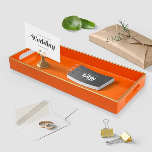 Orange Bathroom Vanity Tray for Countertop, Small Plastic Toilet Tank Versatile Storage & Organization Tray for Makeup, Perfume, Desk, Kitchen, Candles, 13.7"x6"x1.4", 35O - color: 15orange