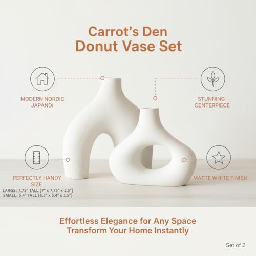 Carrot's Den Donut Vase, Set of 2 - White Large Ceramic Vase - Minimalist Nordic, Hollow | Table Centerpiece, Olive Plant, Wedding, Living Room, Bookshelf, Office, Modern Home, Entryway, Console - color: Warm White