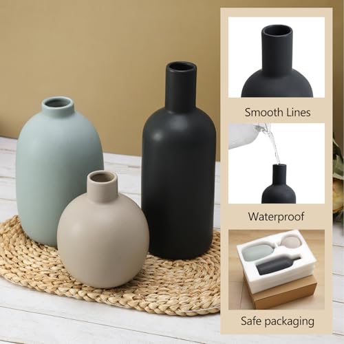 Ceramic Vase Set of 3, Large Neutral Rustic Vases for Farmhouse Decor, Pampas Grass & Dried Flowers and Table Living Room Home Decor - color: 3pcs-multicolor Large