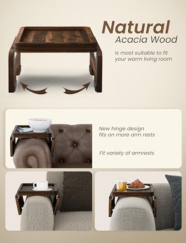 HOLANA Acacia Couch Armrest Table with 360° Rotating Phone Holder, Wooden Couch Tray – Sofa Side Table, Armchair Caddy for Home Sofa Living Room (Walnut, 13.75" D x 9.5" W x 2" H) - color: Walnut, size: 13.8" x 9.5" x 2"