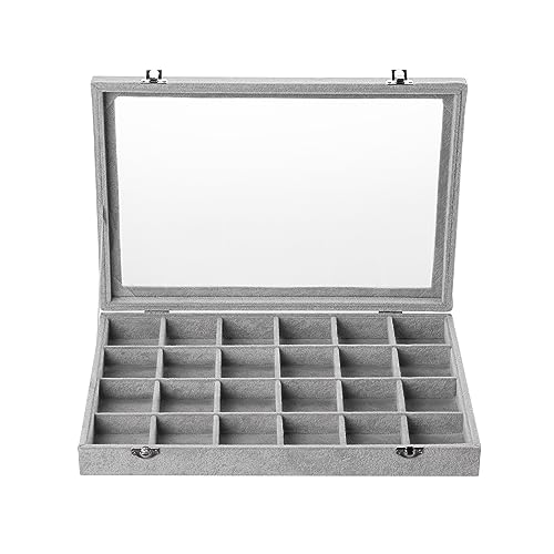 Frebeauty Velvet Jewelry Tray,24 Grid Jewelry Organizer with Clear Lid,Earring Holder Organizer with Clasp,Drawer Insert Rings Pendants Brooches,13.8 x 9.5 x 2 Inches,Gift for Women Girls(Grey) - color: Grey, size: 24 Grid