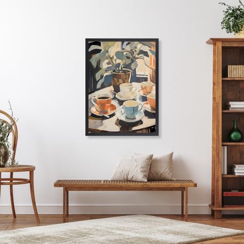 GELDSTEI Wood Framed Coffee Wall Art, Vintage Cafe Aesthetic Picture, Cafe Bar Canvas Painting, Retro Coffee Poster Print, Modern Rustic Wall Decor for Kitchen Dining Room Ready to Hang 12x16 Inch - color: Orange-Blue(Wood), size: 16"L x 12"W