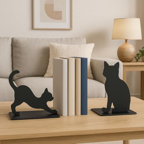 Cat Bookends, Black Metal Book Ends for Shelves, Stretching & Sitting Cat Silhouette Set, Heavy-Duty 0.08" Thick Steel, Decorative Book Holder for Home Office Desk, Gift for Cat Lovers - color: Black Cat
