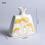 Modern Ceramic Flat Vase - 6.1" Small Decorative Flower Vase with Yellow Botanical Pattern - Boho Minimalist Home Decor for Bookshelf, Mantle & Desk