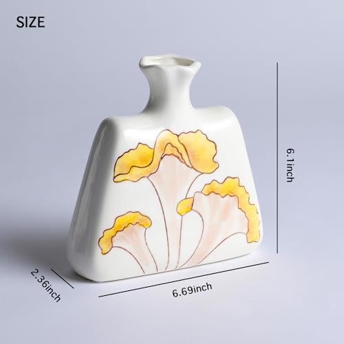 Modern Ceramic Flat Vase - 6.1" Small Decorative Flower Vase with Yellow Botanical Pattern - Boho Minimalist Home Decor for Bookshelf, Mantle & Desk