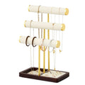 modern T-shaped jewelry rack, jewelry tower, gold metal, square ceramic base decoration display tower, necklace, bracelet, ring storage rack (3-layer beige velvet) - style: 3-layer beige velvet