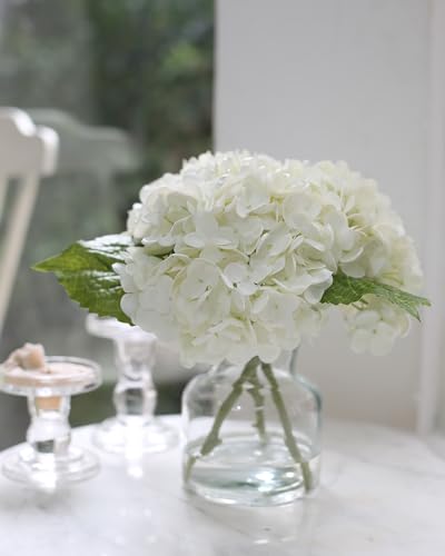 CHASMILE Real Touch Artificial Flowers Whith White Hydrangea in Vase for Home Decoration, Fake Flowers Centerpieces for Tables, Lifelike Fake Hydrangea in Vase for Bathroom, Office and Water Bar - color: White