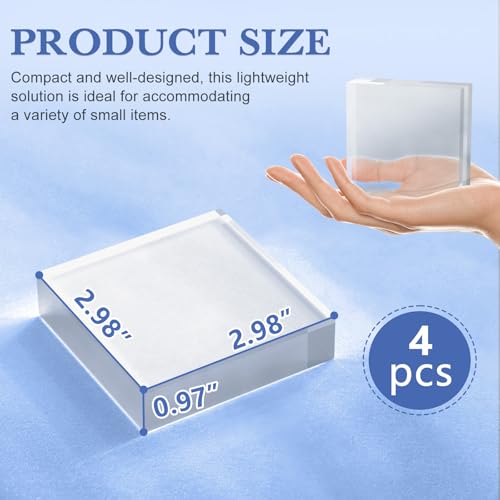 SAMYUCHO Acrylic Blocks 3 X 3 X 1 Inch 4 Pcs Acrylic Base Stand for Display Clear Block Square Riser Display Stands Pedestal Polished Cube for Jewelry trophy Props Collection Ring
