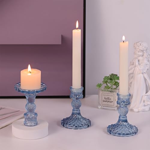 DARJEN 12Pcs 4" H Aqua Blue Candlestick Holders Set- Taper Candle Holders Bulk, Glass Candle Holders for Wedding, Party, Romantic Dinner Table Centerpieces, Festival Gifts & Windowsill Decor - color: Blue Dimond Pattern