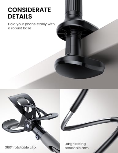 Lamicall Gooseneck Phone Holder for Bed - Cell Phone Mount Clamp Clip, Flexible Long Arm, Overhead Mount for Desk Headboard Bedside, Gifts for iPhone Air 17 Pro Max, 16 15 14 Pro Max and 4-7" Phone - color: Black