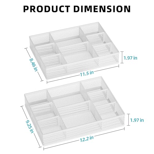 Marbrasse 2 Pack Desk Drawer Organizer, Mesh Drawer Organizer Tray with 8 Adjustable Compartments, Desk Organizers and Accessories, 5 Dividers for Office Supplies, Makeup & Vanity (White) - color: White