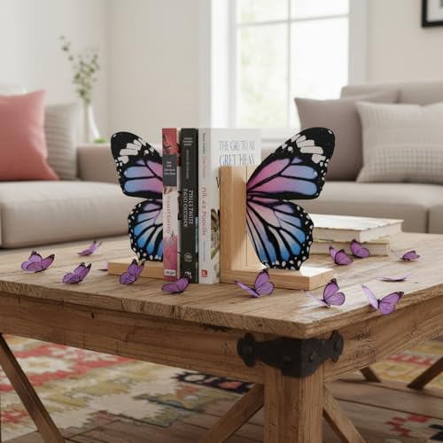 Decorative Butterfly Bookends Wooden Acrylic Butterflys Bookend Modern Bookshelf Decor Accent Book Stopper Decor for Home Farmhouse Shelves Office Lover Gift(Pale Blue Swallowtail Butterfly) - style: Pale Blue Swallowtail Butterfly
