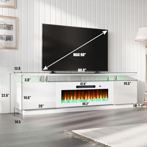 AMERLIFE Fireplace TV Stand with 40" Fireplace, 80" Modern Fireplace Entertainment Center LED Lights, 2 Tier TV Console Cabinet for TVs Up to 90", White & White - color: White & White, size: 80"