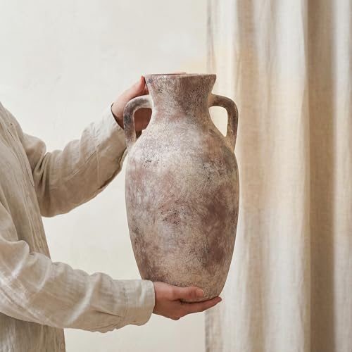 Ceramic Flower Vase with Handles,12" Neutral Tall Clay Terracotta Vases Farmhouse Table Vases with Handle Living Room Decor Rustic Pottery Pots for Home Shelf Coffee Dining Desk Fireplace - color: A-12"h-terracotta