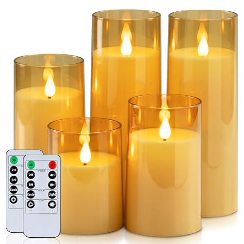 Homemory Amber Flickering Flameless Candles, Battery Operated Acrylic LED Pillar Candles with Remote Control and Timer, Fall Candles, Set of 5 - color: Amber